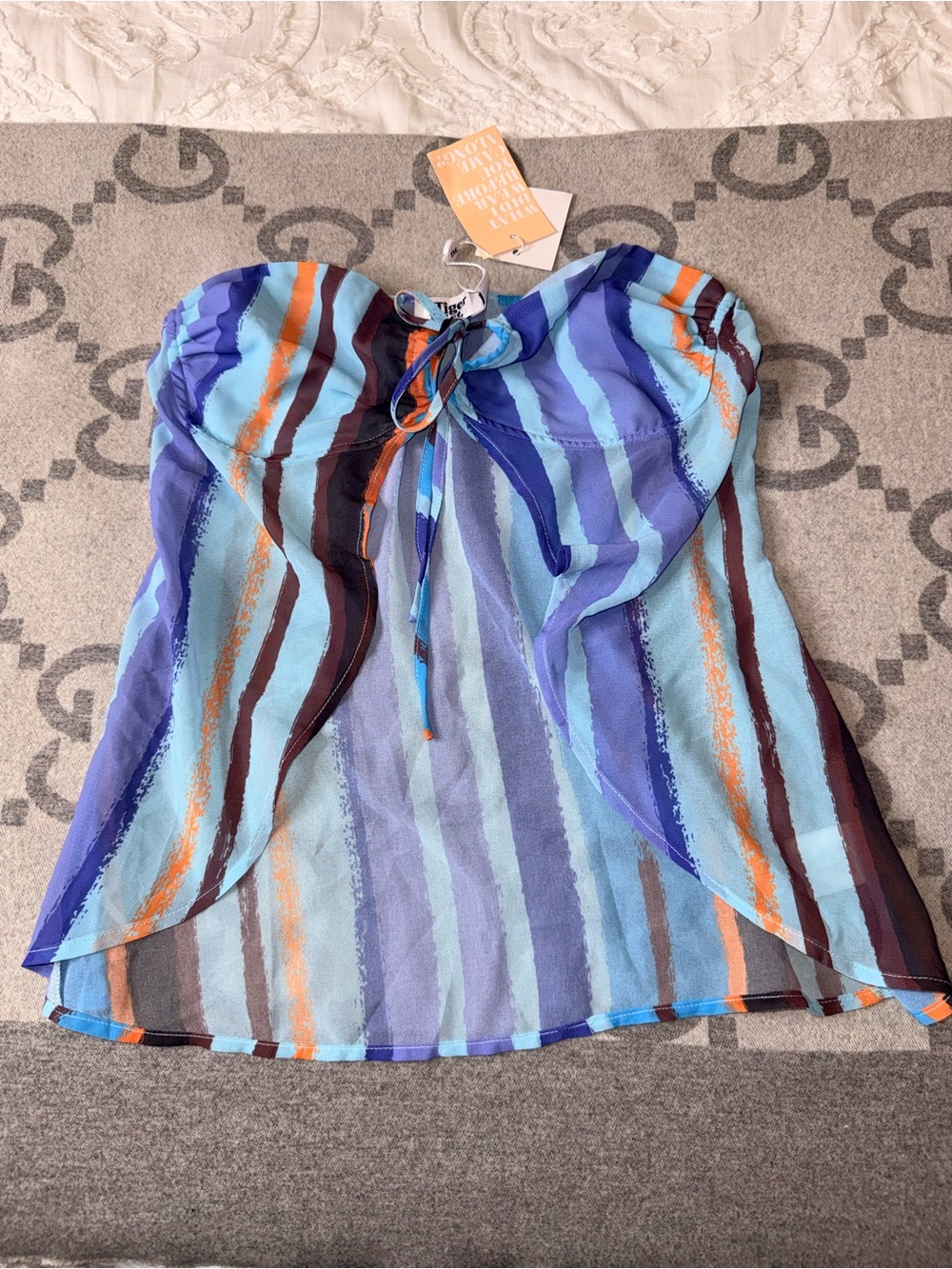 NWT Tiger Mist Striped Strapless Tie-Front Crop Top - Blue Multicolor - Picture 2 of 8